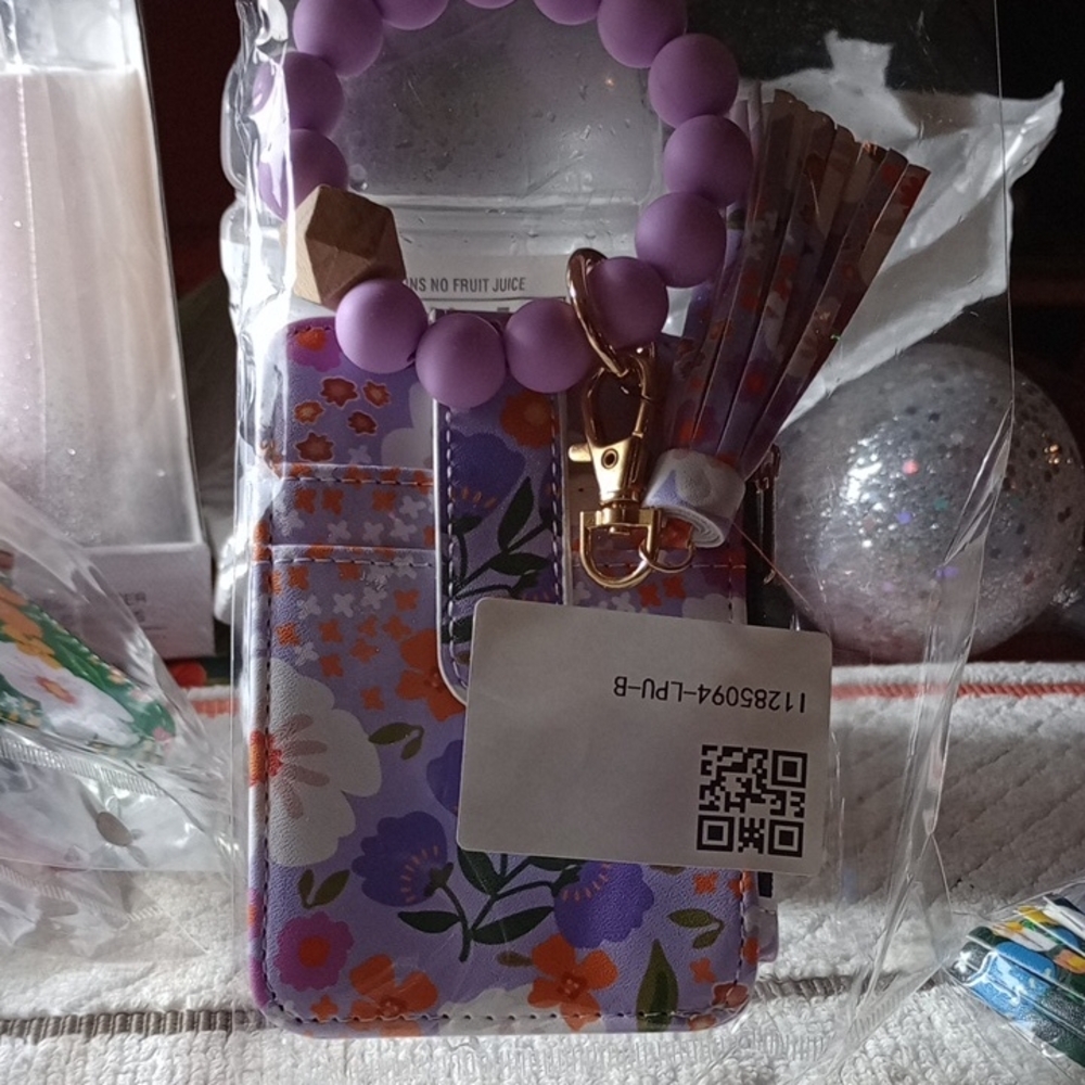 Floral Purple Card Holders Key Chain with Beaded Wristlet